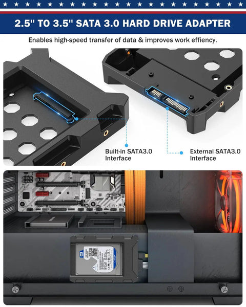 2 Pack 2.5 to 3.5 Inch SSD and HDD Adapter Bracket Kit, SSD Caddy Tray Cage for Desktop PC with SATA 3.0 interface shown in use