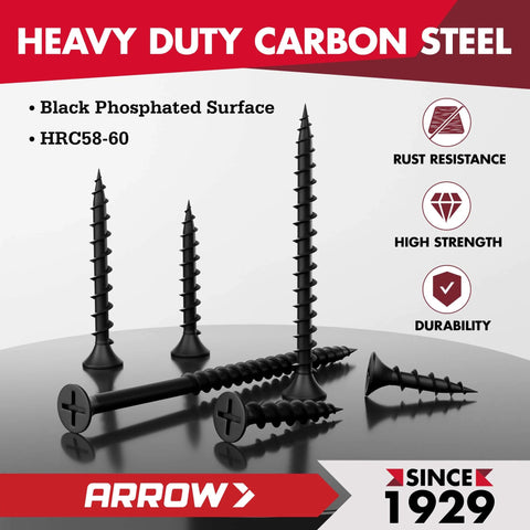 Black drywall screws with bugle head, coarse thread, displayed on surface; part of Drywall Screws Assortment Kit, 320 Piece Black Coated Wood Screws Set In Sizes Six And Eight, Phillips Size Two Bugle Head, Coarse Thread Sharp Tips For Drywall, Wood And Soft Metal, Six Lengths From Three Quarters Inch To Three Inches.