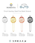 Four 9-inch stainless steel fine mesh strainers in silver, gold, copper, and black, displayed with dimensions and Homestia logo.