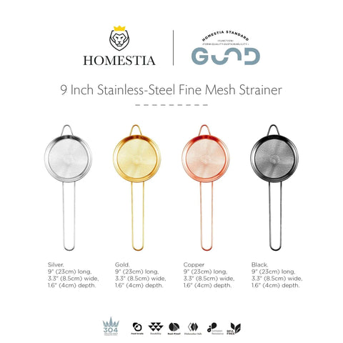 Four 9-inch stainless steel fine mesh strainers in silver, gold, copper, and black, displayed with dimensions and Homestia logo.