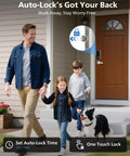 Wifi Smart Deadbolt Lock Set With Two Lever Handles And Keypad Front Door Upgrade Level Up Your Home Security With This No Fuss Install And Reliable Remote Access For Everyday Grind. Family walking dog by front door with smart lock.