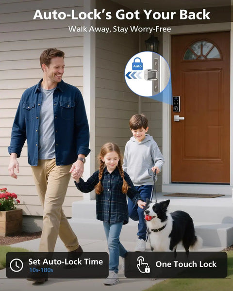 Wifi Smart Deadbolt Lock Set With Two Lever Handles And Keypad Front Door Upgrade Level Up Your Home Security With This No Fuss Install And Reliable Remote Access For Everyday Grind. Family walking dog by front door with smart lock.