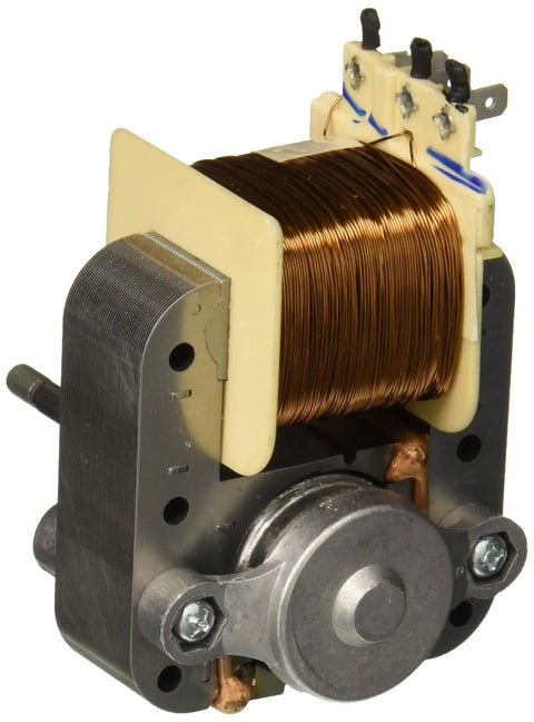 Close-up of Genuine OEM Convection Fan Motor Replacement Part For Range And Oven Stoves, showing copper coil and metal body.