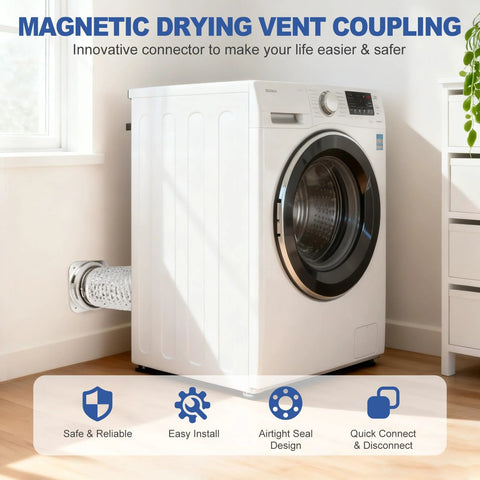 Magnetic dryer vent coupling attached to a white washing machine with a 4-inch duct and airtight seal.