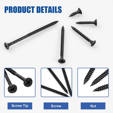 168 Piece Wood Screws Set For Wood And Drywall With Five Sizes From Six By One Half Inch To Six By Three Inch Black Carbon Steel