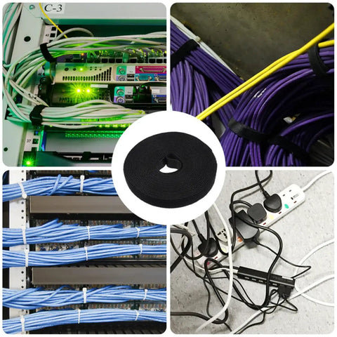 Two Rolls Of Black Reusable Self Gripping Cable Ties For Smooth Cord Organization showing organized cables in various setups.