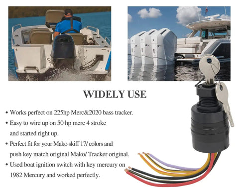 Boat Ignition Switch With Key Push To Choke 6 Wire Base Marine Grade Corrosion Resistant, use on Mercury outboards
