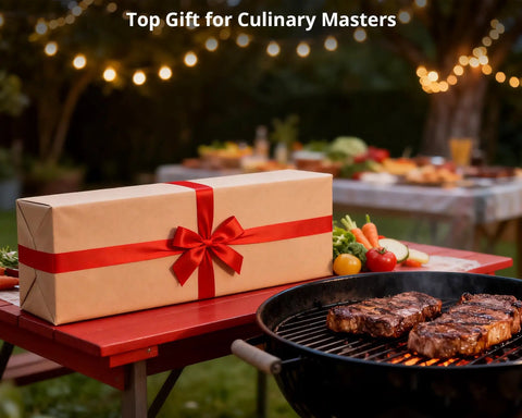 Gift-wrapped box on table beside charcoal grill with steaks in a garden setting, labeled as top gift for culinary masters.
