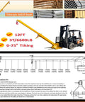 Built Like A Tank 6600 Lb Forklift Telescopic Jib Boom With Zero To Seventy Five Degree Adjustable Tilt, Seven To Twelve Foot Mobile Crane Lifting Hoist Kit, Durable Steel Rig With Locking Hook, Solid Job Site Powerhouse with forklift and yellow telescopic boom.