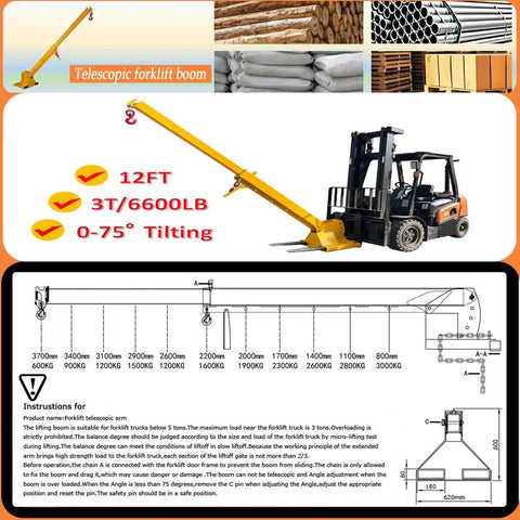 Built Like A Tank 6600 Lb Forklift Telescopic Jib Boom With Zero To Seventy Five Degree Adjustable Tilt, Seven To Twelve Foot Mobile Crane Lifting Hoist Kit, Durable Steel Rig With Locking Hook, Solid Job Site Powerhouse with forklift and yellow telescopic boom.