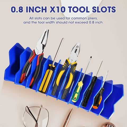 2 Pack Pliers Organizer Rack With Nonslip Base, 10 Slot Drawer Plier Tray, holding assorted hand tools horizontally