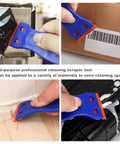 4 Piece Plastic Razor Blade Scraper Set with 120 Replacement Blades removing adhesives and residues on various surfaces.