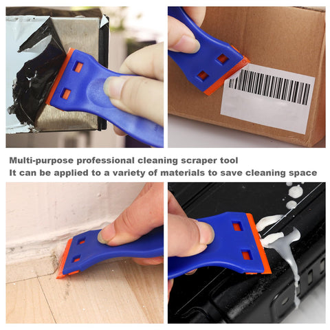 4 Piece Plastic Razor Blade Scraper Set with 120 Replacement Blades removing adhesives and residues on various surfaces.
