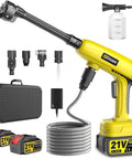 Cordless Portable Pressure Washer, brushless motor, dual batteries, six spray tips, hose, carry case, blasts dirt effortlessly smooth.