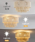 XINGSIYUELYX Ceiling Fan with Light, round design showcasing light on and off, woven gold material, suitable for home decor.