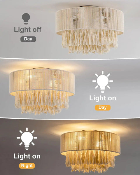 XINGSIYUELYX Ceiling Fan with Light, round design showcasing light on and off, woven gold material, suitable for home decor.