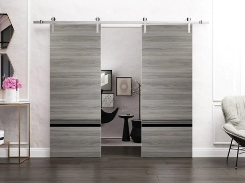 Heavy Duty Double Barn Sliding Door Set With Hardware Kit Two Slabs 84 By 96 Inches Ginger Ash Finish Silver Rail