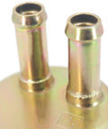 Close-up of brass inlet and outlet on Electric Fuel Pump Direct Replacement For VT750C VT750CD VT750DC Shadow Ace 750 1998 2003 12V 2-4 PSI High Flow 40 LPH OE-Quality Fit Replaces 16710-MBA-612 And 16710-MBA-611 No Modifications.