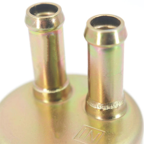 Close-up of brass inlet and outlet on Electric Fuel Pump Direct Replacement For VT750C VT750CD VT750DC Shadow Ace 750 1998 2003 12V 2-4 PSI High Flow 40 LPH OE-Quality Fit Replaces 16710-MBA-612 And 16710-MBA-611 No Modifications.