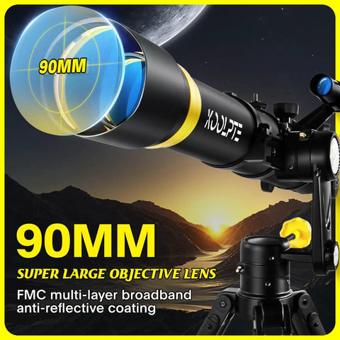 Beginner Friendly 90mm Refractor Telescope Kit With 900mm Focal Length shown with large objective lens and altazimuth mount.