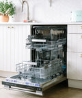 Open dishwasher with visible racks in a home kitchen setting