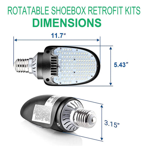 Dimensions of Hella Bright LED Shoebox Corn Light Bulb For Outdoor Street And Security Lighting, 11.7x5.43 inches.