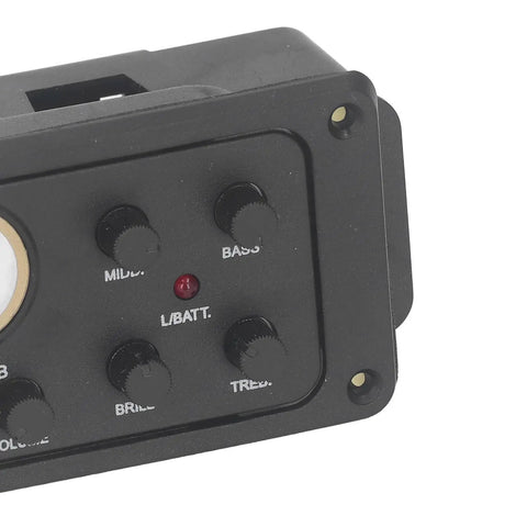 Close-up of 4 Band EQ Preamp for Acoustic Guitar with Piezo Pickup and Built In Tuner LCD Display showing control knobs.