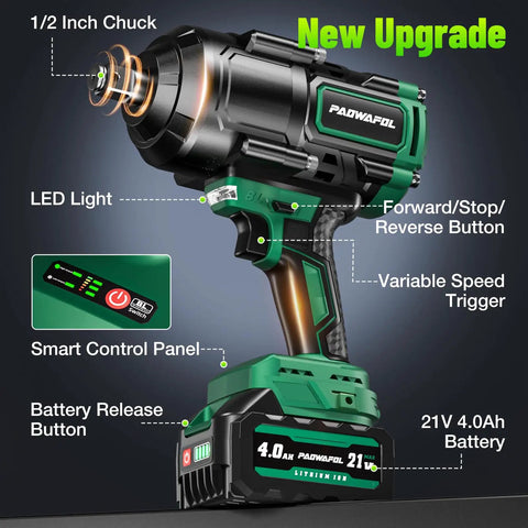 High Torque 1106 Ft-Lbs Brushless Impact Wrench Kit With 21V Battery Fast Charger 5 Sockets And 3500 IPM Half Inch Drive
