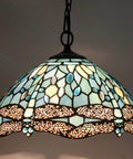 Sea Blue Stained Glass Dragonfly Tiffany Pendant Light Fixture with 12 Inch Shade and Antique Green Bronze Finish