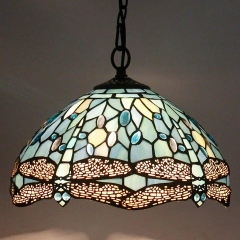 Sea Blue Stained Glass Dragonfly Tiffany Pendant Light Fixture with 12 Inch Shade and Antique Green Bronze Finish