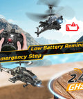 Dope Apache Style RC Helicopter For Kids And Adults, 2.4GHz Remote in hand with low battery alert, flying in mountain scene