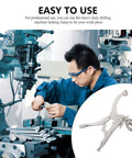Worker using heavy duty drill press locking pliers clamp for stable woodworking fixation at workbench, inset of clamp design