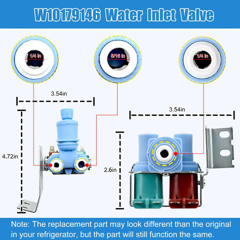 Water Inlet Valve Replacement For Whirlpool Kenmore Maytag Amana KitchenAid And IKEA Refrigerators Not All Models Ready To Install Durable Fit Replacement Part W10179146 Compatible With W10155357 AP6016381 PS11749668, shown with 1/4 in and 5/16 in fittings