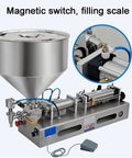 Top Shelf Pneumatic Horizontal Paste Filler With Slick Drip Free Performance And No Sweat Hassle Setup For Ketchup Honey Oil Lubricant Shampoo Cream 500 To 5000 Ml, featuring a stainless steel funnel and filling scale.