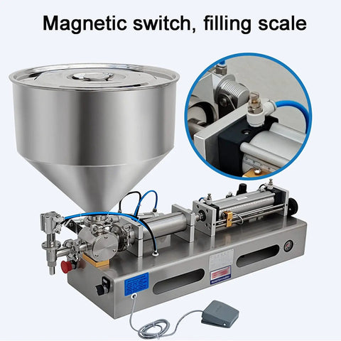 Top Shelf Pneumatic Horizontal Paste Filler With Slick Drip Free Performance And No Sweat Hassle Setup For Ketchup Honey Oil Lubricant Shampoo Cream 500 To 5000 Ml, featuring a stainless steel funnel and filling scale.