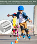Child skating with Eight Pcs Inline Axle Bearing Spacers Kit for Roller Skates, 8mm axle spacers visible in close-up