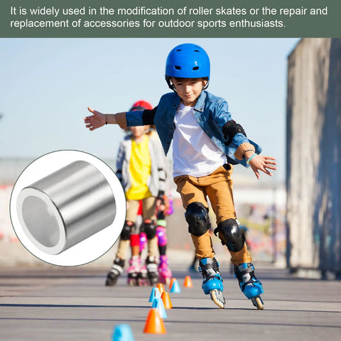 Child skating with Eight Pcs Inline Axle Bearing Spacers Kit for Roller Skates, 8mm axle spacers visible in close-up