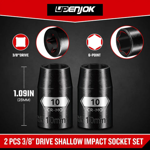 Two Pack Beefy Three Eighths Inch Drive Ten Millimeter Shallow Impact Socket Set, Six Point Chrome Moly Steel With Black Phosphate Finish