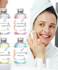 Hydration Packed Oxygen Facial Solution for Anti Aging and Glow Up Xylitol Nutrient Formula bottles with smiling woman