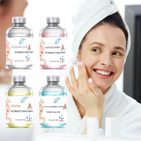 Hydration Packed Oxygen Facial Solution for Anti Aging and Glow Up Xylitol Nutrient Formula bottles with smiling woman
