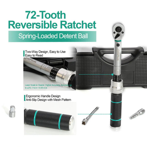 Quarter Inch Drive Click Torque Wrench Set With 20 To 200 In Lb Range, 3 Percent Tolerance, Pro Grade 4 Piece Kit components