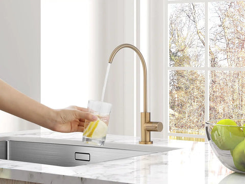 Top Shelf Champagne Bronze Kitchen Water Filter Faucet Built To Drop Right Into Most Reverse Osmosis Systems drawing crisp water into a glass.
