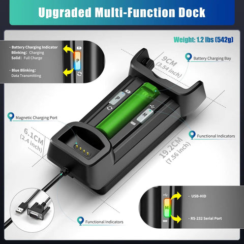 Rock Solid Wireless Barcode Scanner With Charging Stand, multi-function dock with battery charging indicators and USB port.