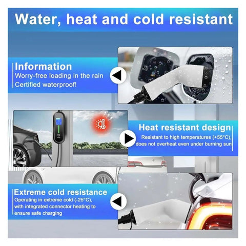 Water heat and cold resistant feature of No Sweat Portable EV Charger With Type 2 And GBT Connector Plugs, 3.5kW 16A.