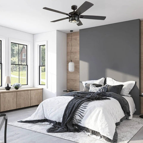 Bonterra 52 Inch Ceiling Fan With LED Light And Remote 5 Blades Modern Matte Black Fan Over Bed in Stylish Spacious Bedroom
