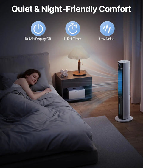 38 inch Evaporative Air Cooler Tower Fan with 3L Water Tank and Remote next to bed in a dimly lit bedroom for night comfort