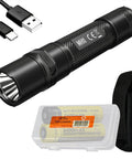 1000 Lumen USB C Rechargeable EDC Flashlight with Dual Batteries and LumenTac Organizer; compact black flashlight, charger, batteries