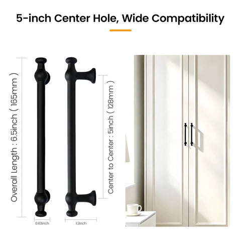 10 Pack 5 Inch Cabinet Pulls Matte Black Zinc Alloy Handles For Kitchen Cabinets with measurements shown