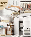 36x80 Inch Mirror Barn Door With Sliding Hardware Kit Included Full Length One Lite Mirror Door White Finish Solid Wood Core With Waterproof PVC Surface Scratch Resistant No Assembly Required displayed in bedroom, bathroom, cloakroom, and study applications.
