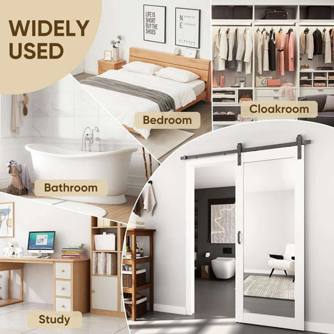 36x80 Inch Mirror Barn Door With Sliding Hardware Kit Included Full Length One Lite Mirror Door White Finish Solid Wood Core With Waterproof PVC Surface Scratch Resistant No Assembly Required displayed in bedroom, bathroom, cloakroom, and study applications.